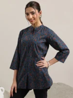 Blue Printed Cotton Straight Short Kurti - Image 3