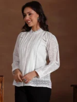 White Embroidered Cotton Straight Kurti - Image 3