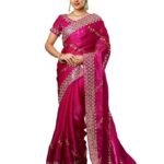 Women's Tissue Silk Sequence Embroidery Scalloped Border Saree With Unstitched Blouse Piece